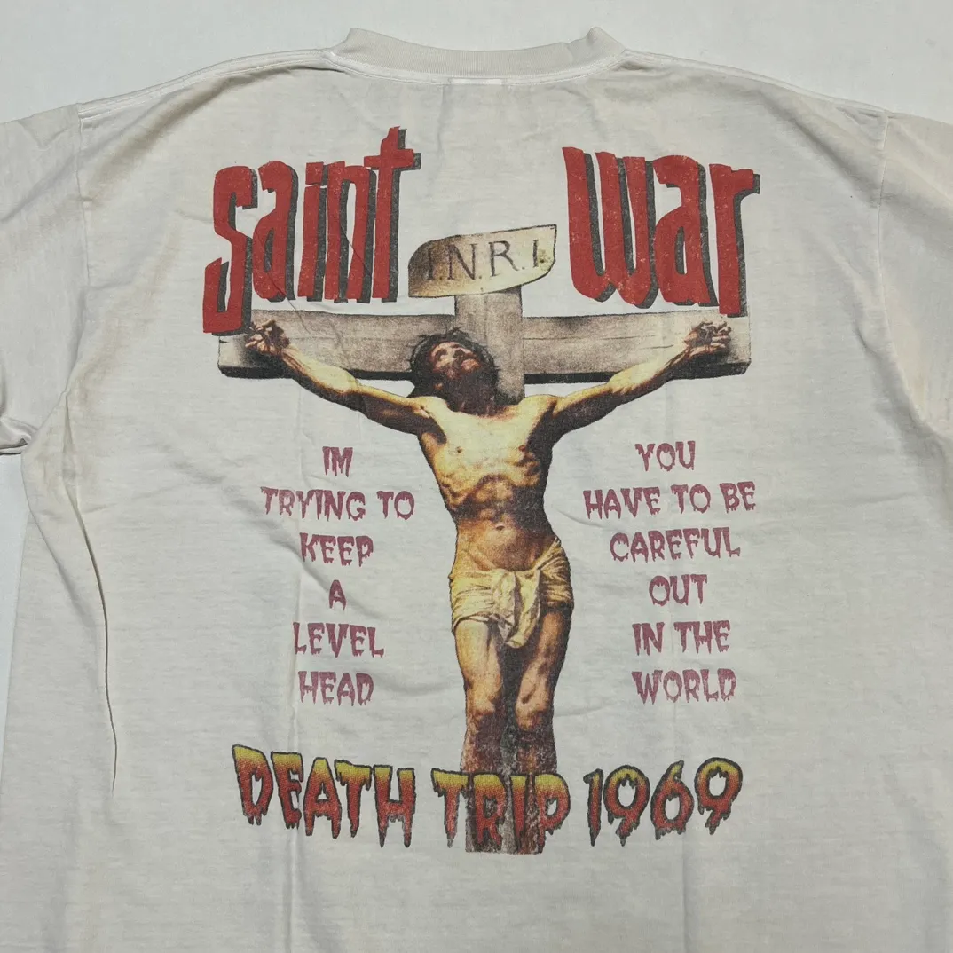 SAINT MICHAEL SAINT WAR TEE/WHAT new style Jesus cross retro short-sleeved, off-white S-XL, ready-to-wear, washed and distressed, printed repeatedly and modified, tube-woven seamless fabric, with little angel anti-counterfeiting label